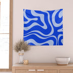 Retro Modern Liquid Swirl Abstract Pattern Square Royal Blue and Light Blue Wall Tapestry Gallery Image 2