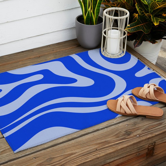 Retro Modern Liquid Swirl Abstract Pattern Square Royal Blue and Light Blue Outdoor Rug Gallery Image 2