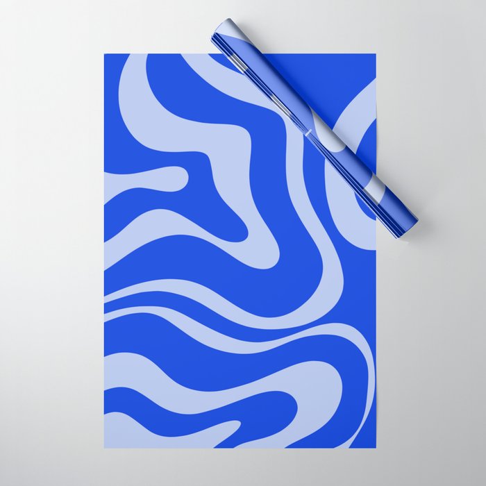 Retro Modern Liquid Swirl Abstract Pattern Square Royal Blue and Light Blue Wrapping Paper Gallery Image 1