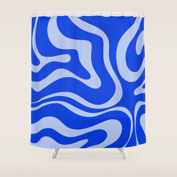 Retro Modern Liquid Swirl Abstract Pattern Square Royal Blue and Light Blue Shower Curtain Gallery Image 1