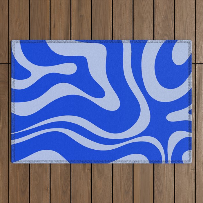 Retro Modern Liquid Swirl Abstract Pattern Square Royal Blue and Light Blue Outdoor Rug Gallery Image 1