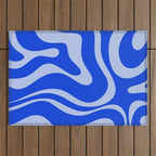Retro Modern Liquid Swirl Abstract Pattern Square Royal Blue and Light Blue Outdoor Rug Gallery Image 1