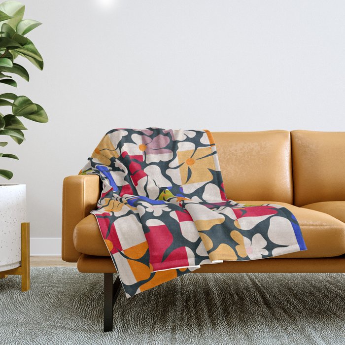 Bold Floral Geometric Art Print - Modern Retro Design in Vibrant Multicolor Throw Blanket Gallery Image 1