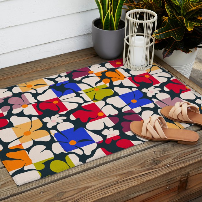 Bold Floral Geometric Art Print - Modern Retro Design in Vibrant Multicolor Outdoor Rug Gallery Image 2
