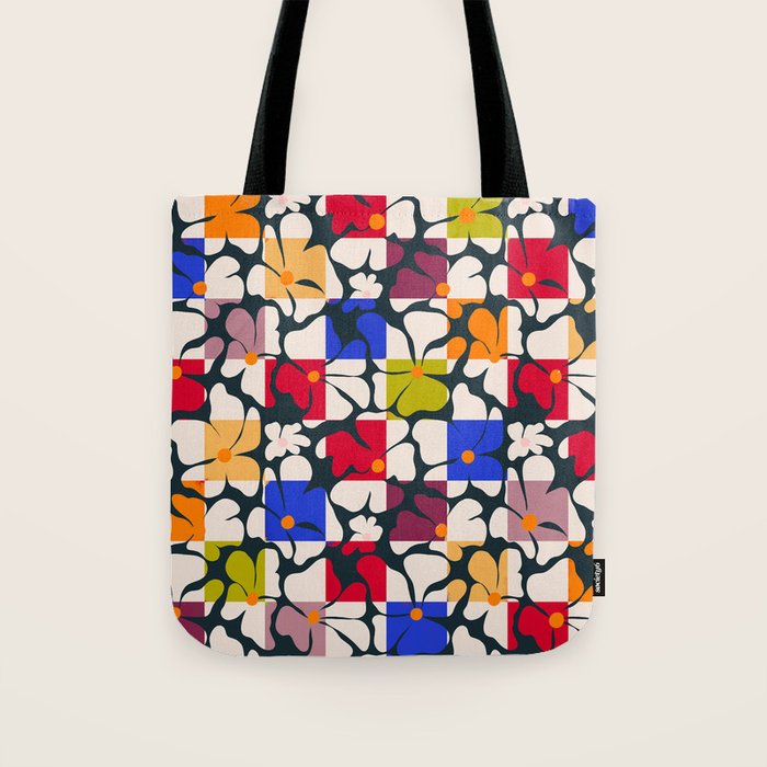 Bold Floral Geometric Art Print - Modern Retro Design in Vibrant Multicolor Tote Bag Gallery Image 1