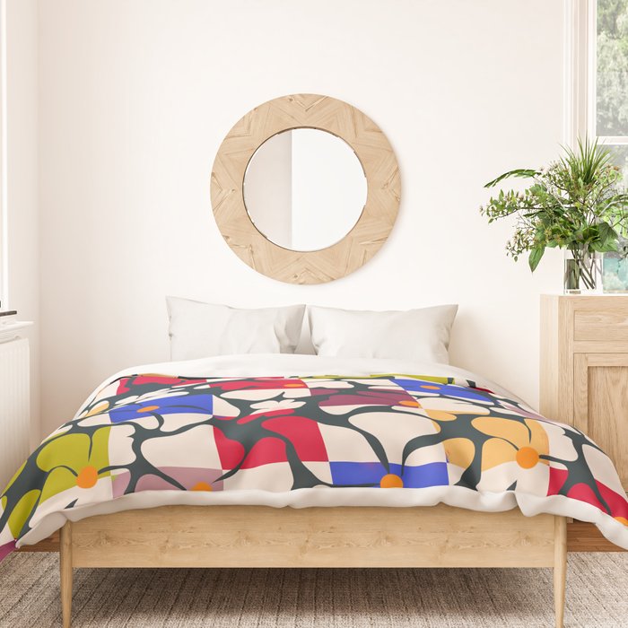 Bold Floral Geometric Art Print - Modern Retro Design in Vibrant Multicolor Duvet Cover Gallery Image 3
