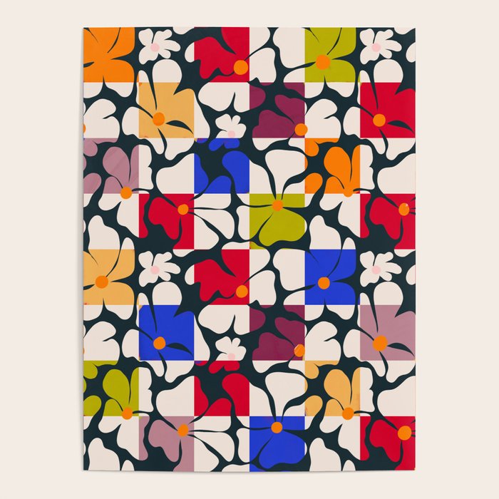 Bold Floral Geometric Art Print - Modern Retro Design in Vibrant Multicolor Poster Gallery Image 1