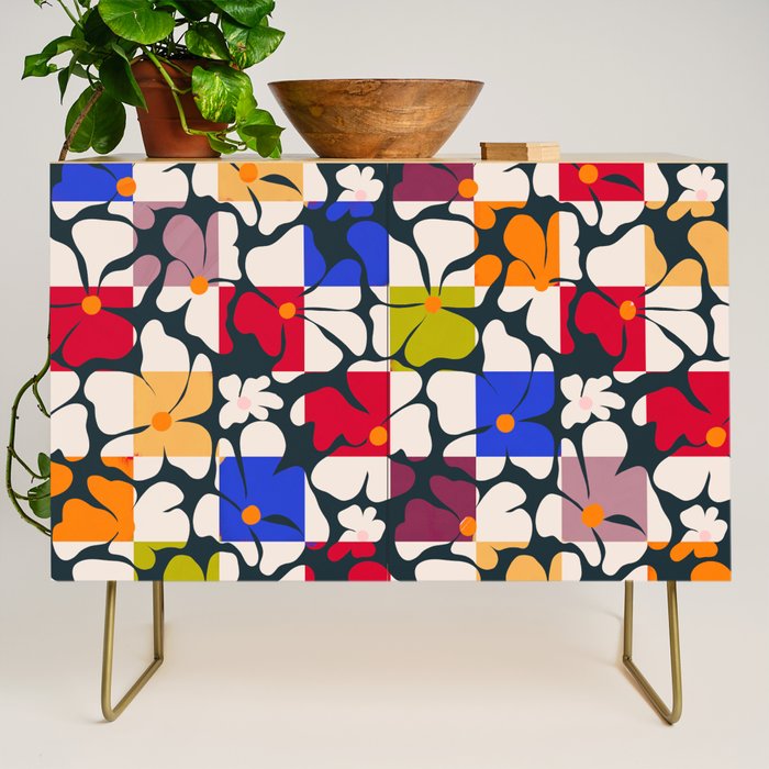 Bold Floral Geometric Art Print - Modern Retro Design in Vibrant Multicolor Credenza Gallery Image 1