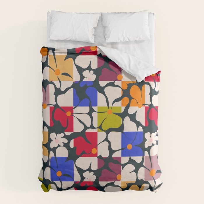 Bold Floral Geometric Art Print - Modern Retro Design in Vibrant Multicolor Duvet Cover Gallery Image 1