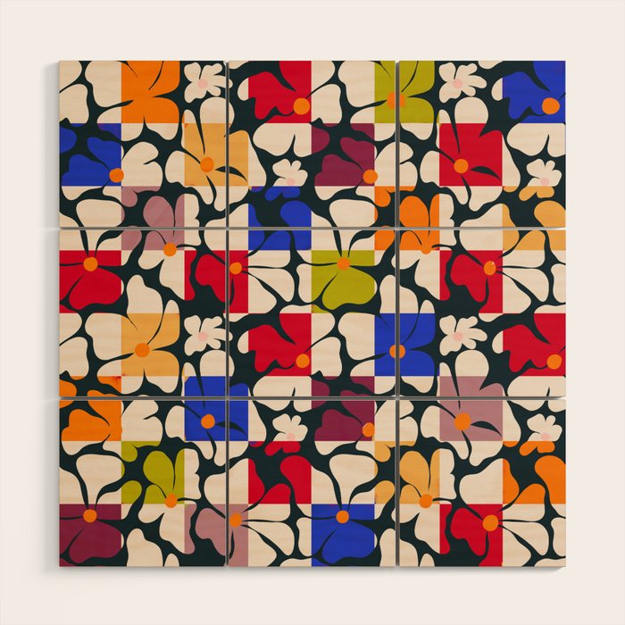 Bold Floral Geometric Art Print - Modern Retro Design in Vibrant Multicolor Wood Wall Art Gallery Image 1