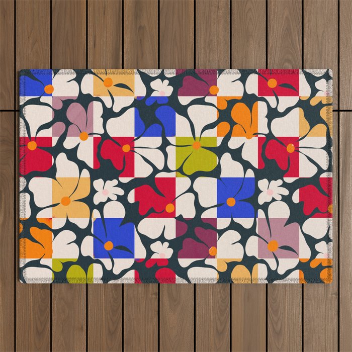 Bold Floral Geometric Art Print - Modern Retro Design in Vibrant Multicolor Outdoor Rug Gallery Image 1
