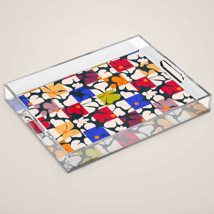 Bold Floral Geometric Art Print - Modern Retro Design in Vibrant Multicolor Acrylic Tray Gallery Image 1