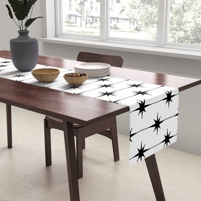 Midcentury Stars and Dots Classic Pattern in Black and White Table Runner Gallery Image 2