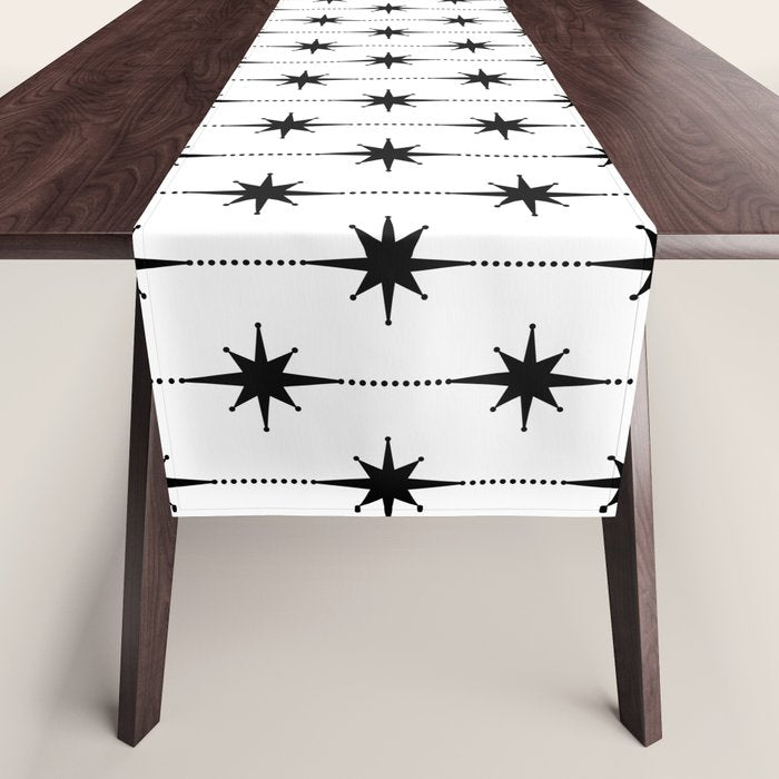 Midcentury Stars and Dots Classic Pattern in Black and White Table Runner Gallery Image 1