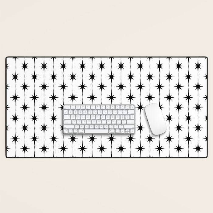 Midcentury Stars and Dots Classic Pattern in Black and White Desk Mat Gallery Image 1