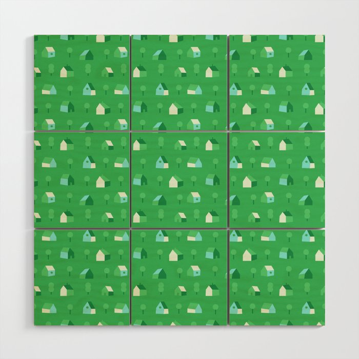 Green eco friendly house city pattern Wood Wall Art Gallery Image 1