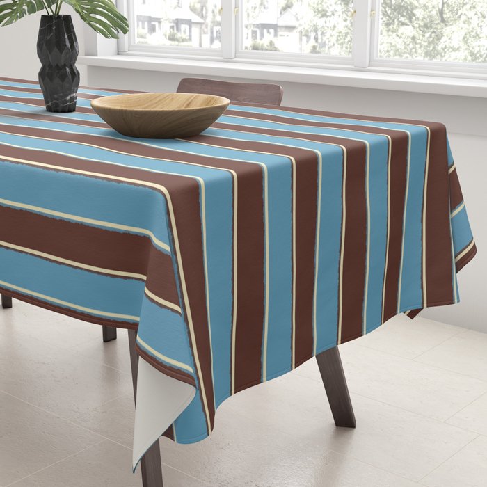 Eclectic Watercolor Paper Stripes Pattern Blue Brown Cream Tablecloth Gallery Image 3