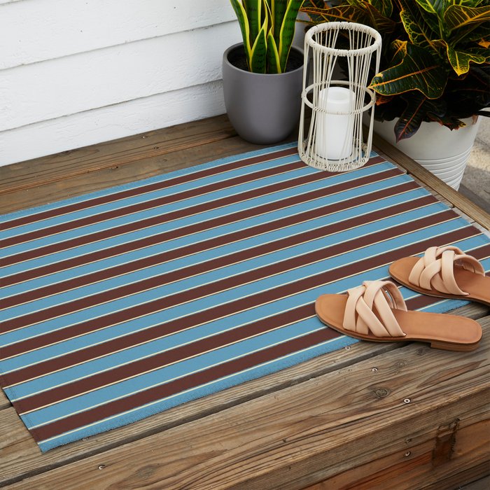 Eclectic Watercolor Paper Stripes Pattern Blue Brown Cream Outdoor Rug Gallery Image 2