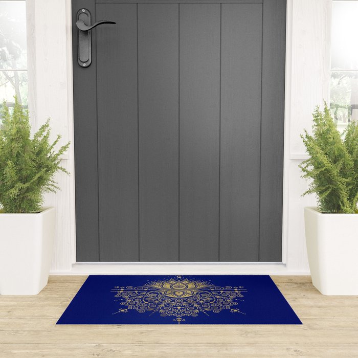 Sacred Lotus Mandala - Navy & Gold Palette Welcome Mat Gallery Image 3