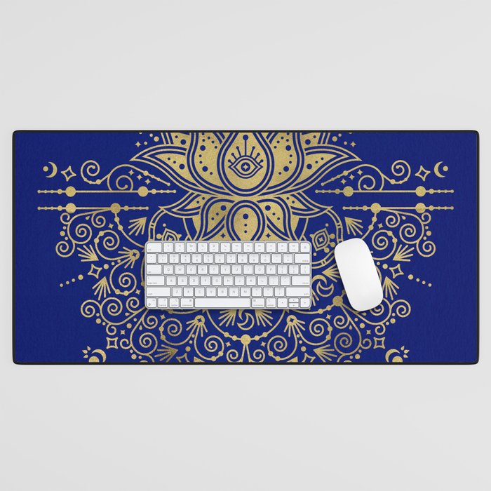Sacred Lotus Mandala - Navy & Gold Palette Desk Mat Gallery Image 1