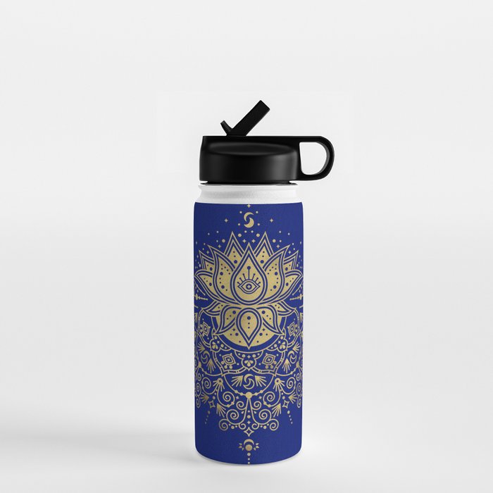 Sacred Lotus Mandala - Navy & Gold Palette Water Bottle Gallery Image 1