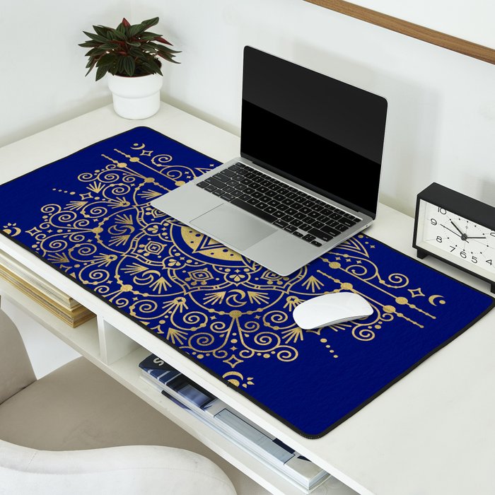Sacred Lotus Mandala - Navy & Gold Palette Desk Mat Gallery Image 2