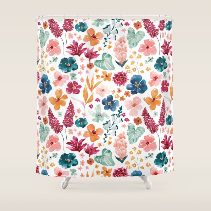 Colorful Tropical Jungle Watercolor Botanical Floral Shower Curtain Gallery Image 1