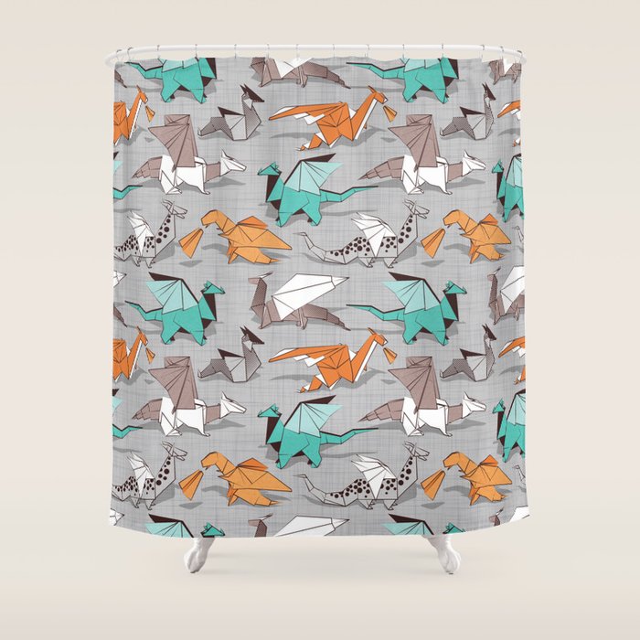 Origami dragon friends // grey linen texture background aqua orange grey and taupe fantastic creatures Shower Curtain Gallery Image 1