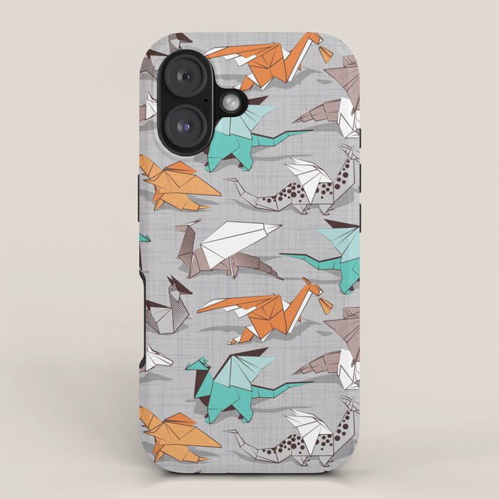 Origami dragon friends // grey linen texture background aqua orange grey and taupe fantastic creatures iPhone Case Gallery Image 1