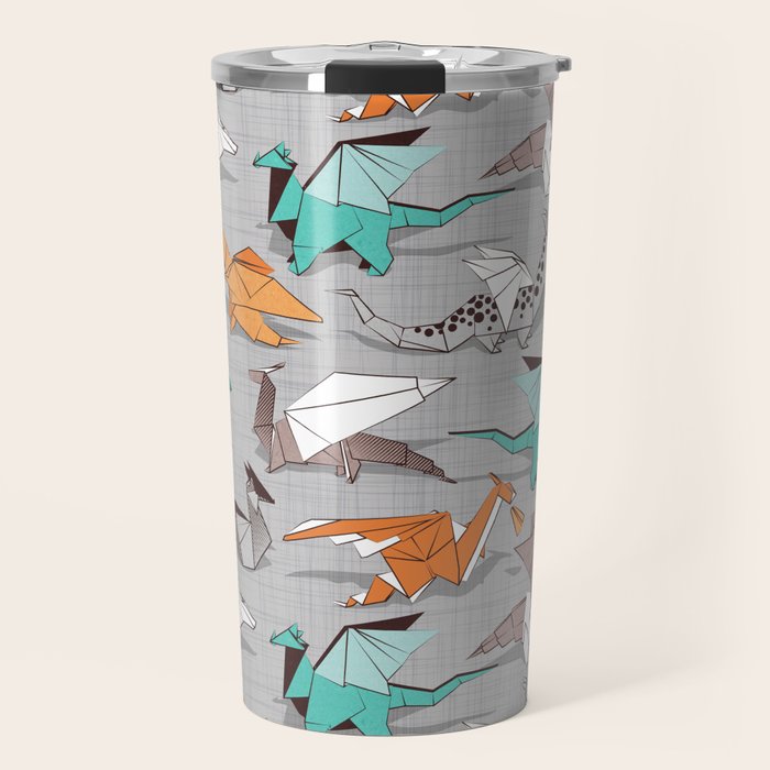 Origami dragon friends // grey linen texture background aqua orange grey and taupe fantastic creatures Travel Mug Gallery Image 1