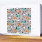 Origami dragon friends // grey linen texture background aqua orange grey and taupe fantastic creatures Wall Mural Gallery Image 2