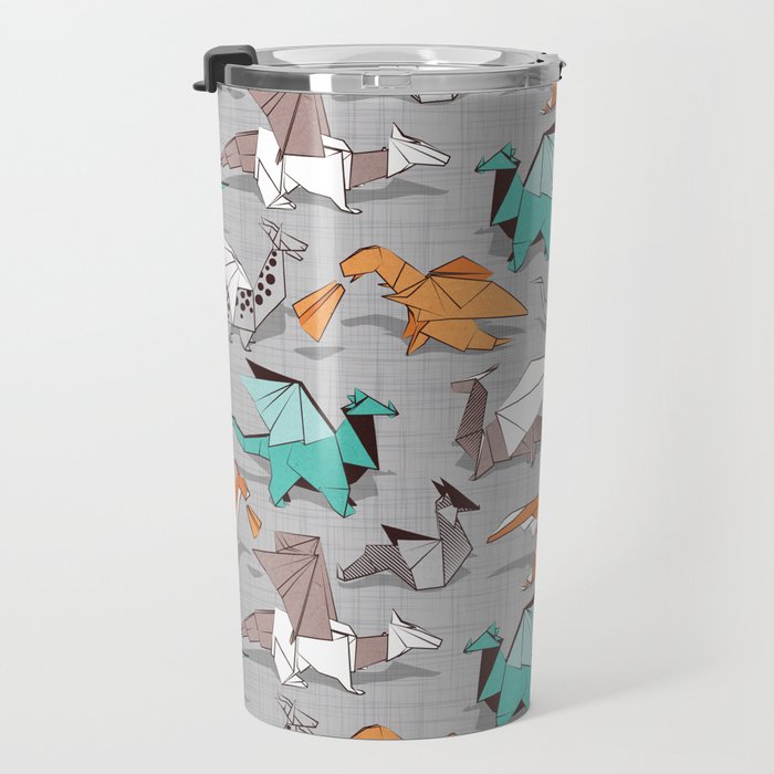 Origami dragon friends // grey linen texture background aqua orange grey and taupe fantastic creatures Travel Mug Gallery Image 3
