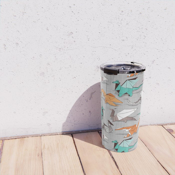 Origami dragon friends // grey linen texture background aqua orange grey and taupe fantastic creatures Travel Mug Gallery Image 4