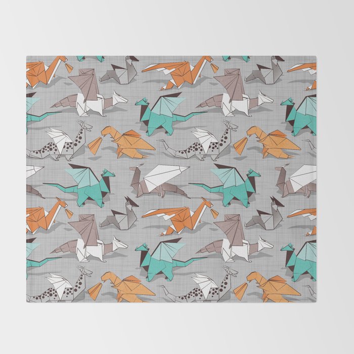Origami dragon friends // grey linen texture background aqua orange grey and taupe fantastic creatures Throw Blanket Gallery Image 2