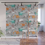 Origami dragon friends // grey linen texture background aqua orange grey and taupe fantastic creatures Wall Mural Gallery Image 1