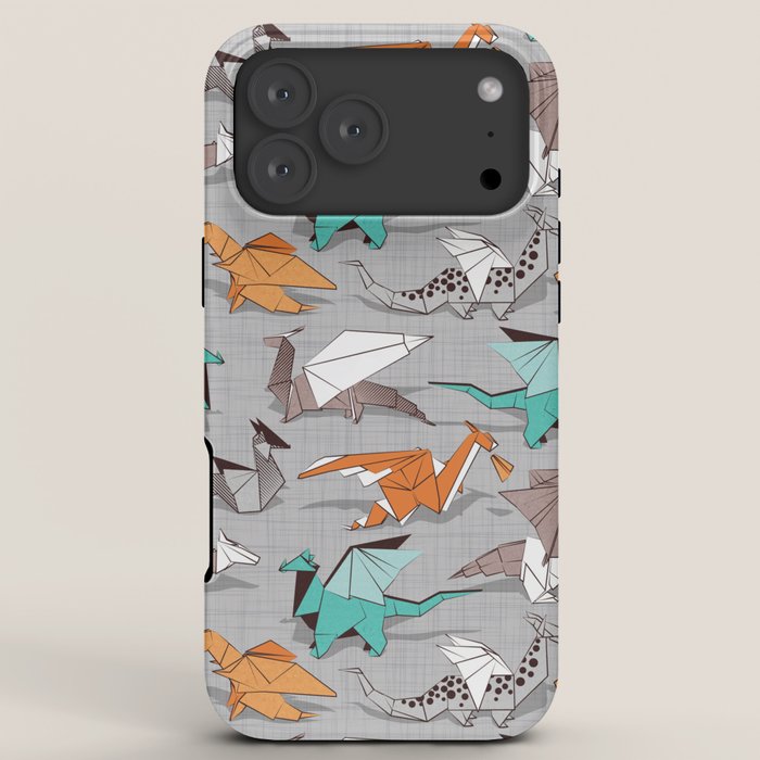 Origami dragon friends // grey linen texture background aqua orange grey and taupe fantastic creatures iPhone Case Gallery Image 8