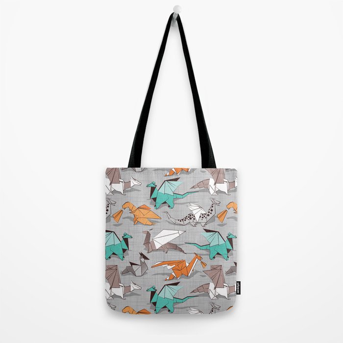 Origami dragon friends // grey linen texture background aqua orange grey and taupe fantastic creatures Tote Bag Gallery Image 2
