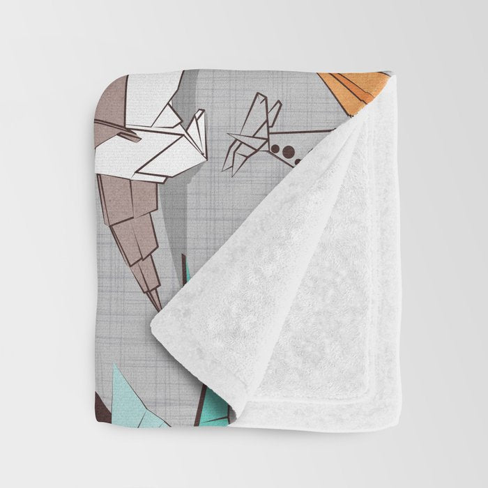 Origami dragon friends // grey linen texture background aqua orange grey and taupe fantastic creatures Throw Blanket Gallery Image 3