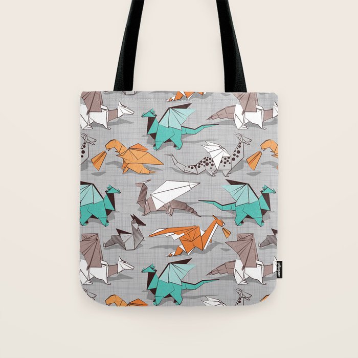 Origami dragon friends // grey linen texture background aqua orange grey and taupe fantastic creatures Tote Bag Gallery Image 1