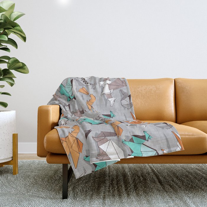 Origami dragon friends // grey linen texture background aqua orange grey and taupe fantastic creatures Throw Blanket Gallery Image 1