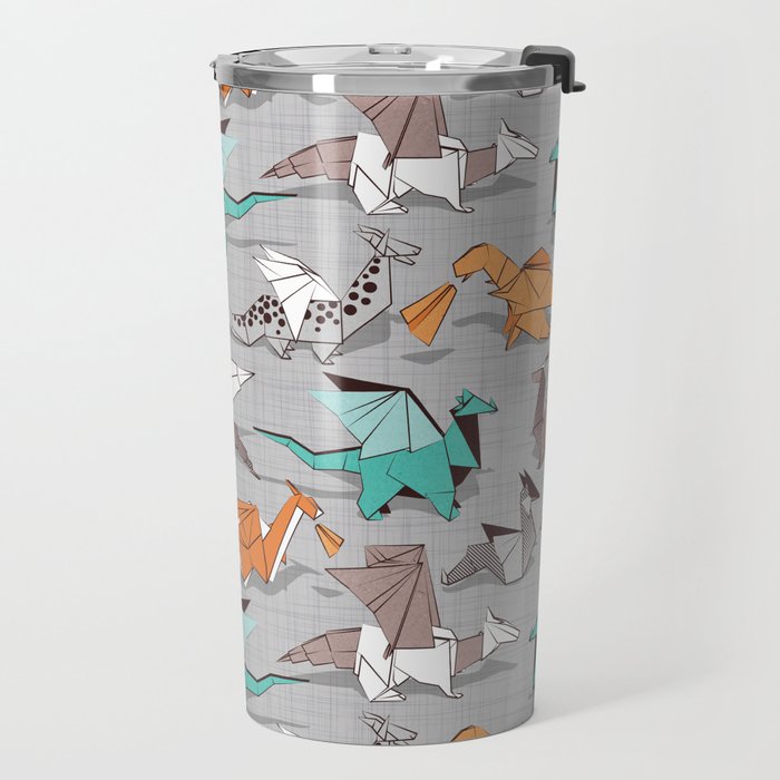 Origami dragon friends // grey linen texture background aqua orange grey and taupe fantastic creatures Travel Mug Gallery Image 2