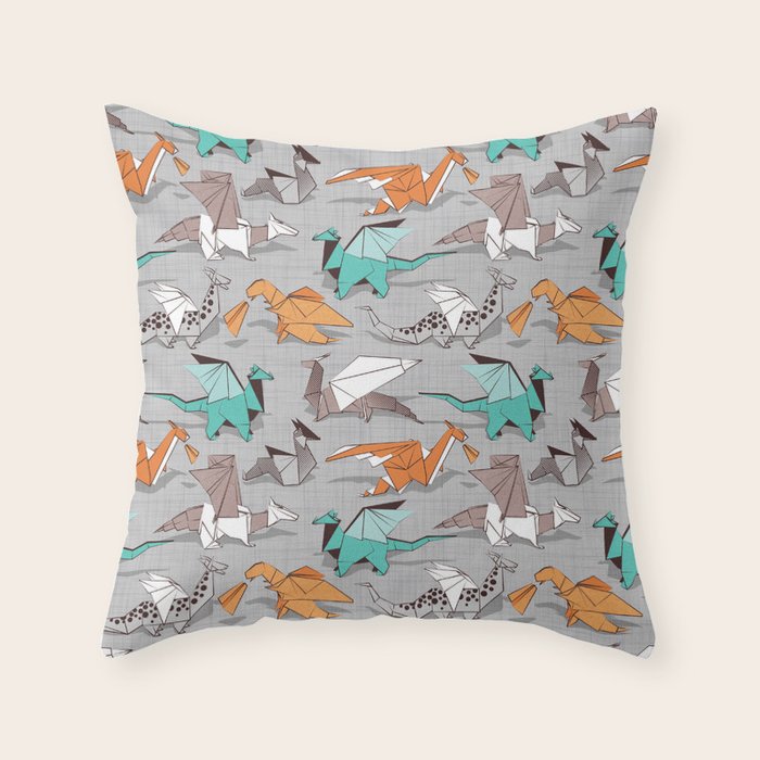 Origami dragon friends // grey linen texture background aqua orange grey and taupe fantastic creatures Throw Pillow Gallery Image 6
