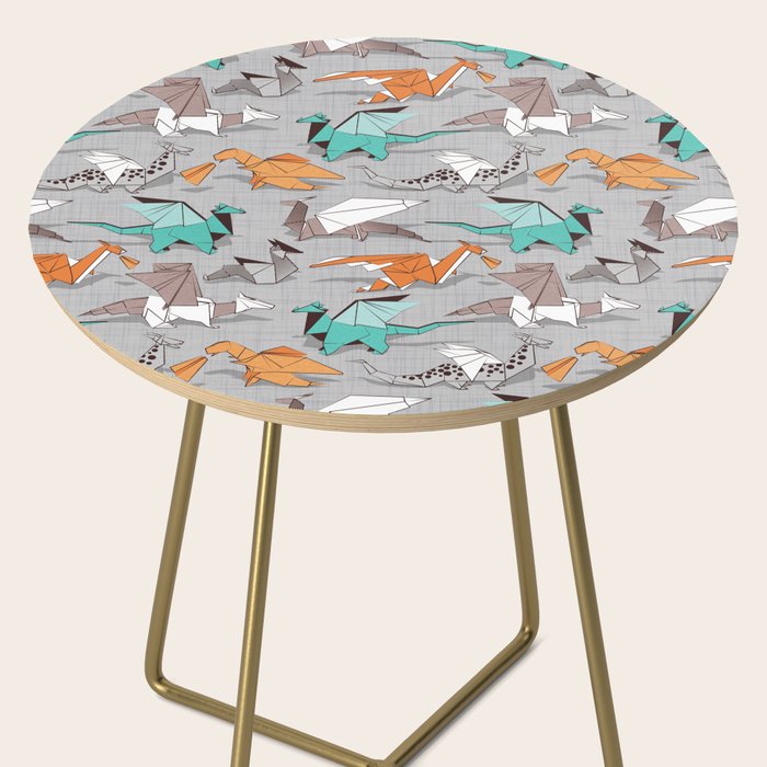 Origami dragon friends // grey linen texture background aqua orange grey and taupe fantastic creatures Side Table Gallery Image 2