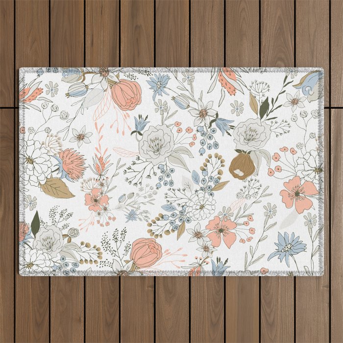 Abstract modern coral white pastel rustic floral Outdoor Rug Gallery Image 1