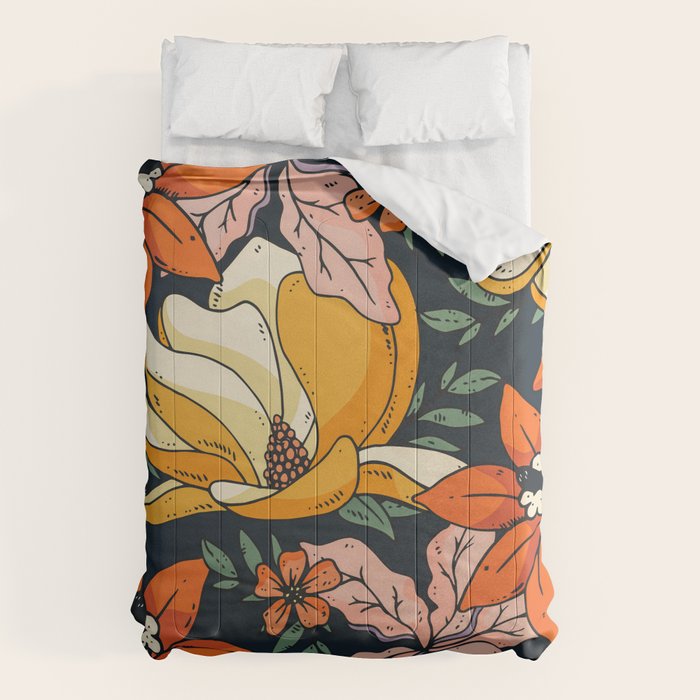 Night Forest, Colorful Dark Eclectic Floral Nature Botanical Jungle Floral Bohemian Illustration Comforter Gallery Image 6