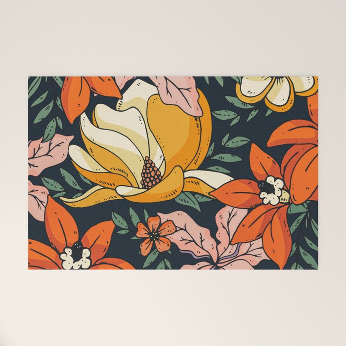 Night Forest, Colorful Dark Eclectic Floral Nature Botanical Jungle Floral Bohemian Illustration Welcome Mat Gallery Image 1
