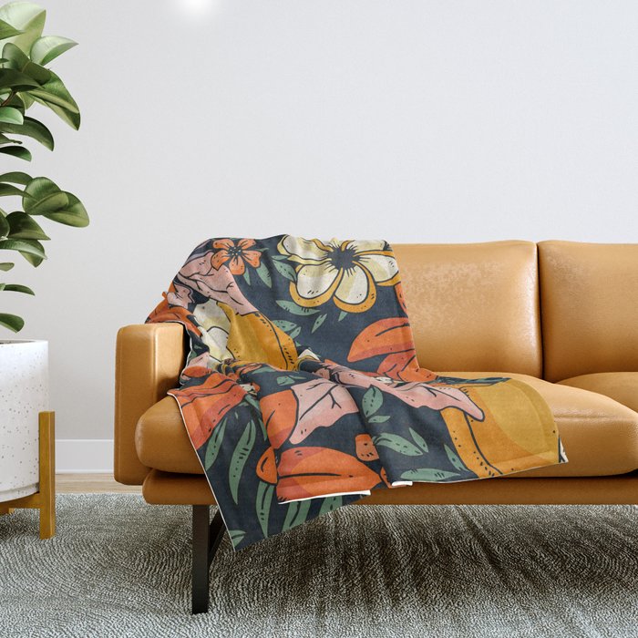 Night Forest, Colorful Dark Eclectic Floral Nature Botanical Jungle Floral Bohemian Illustration Throw Blanket Gallery Image 1