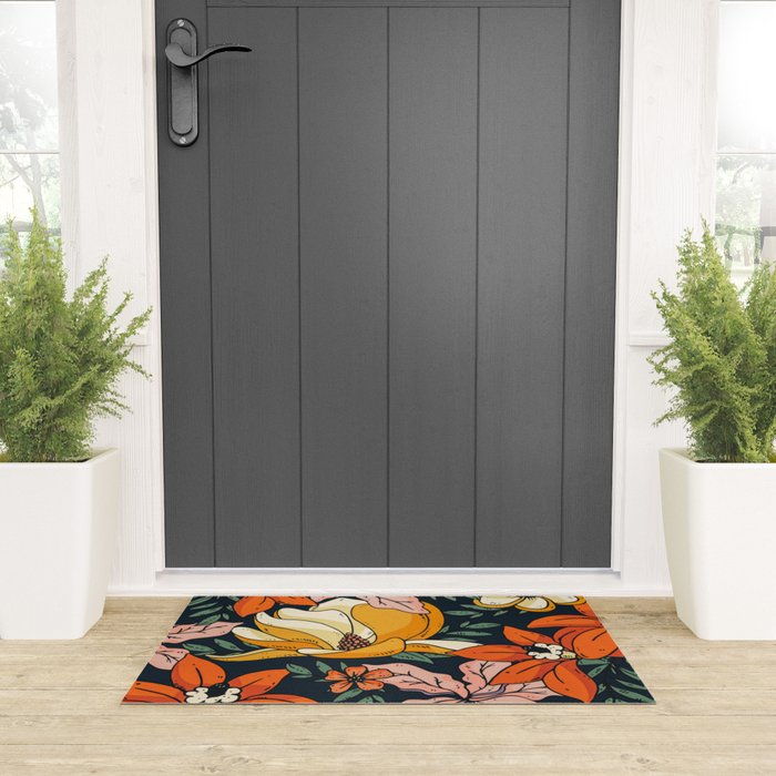 Night Forest, Colorful Dark Eclectic Floral Nature Botanical Jungle Floral Bohemian Illustration Welcome Mat Gallery Image 3