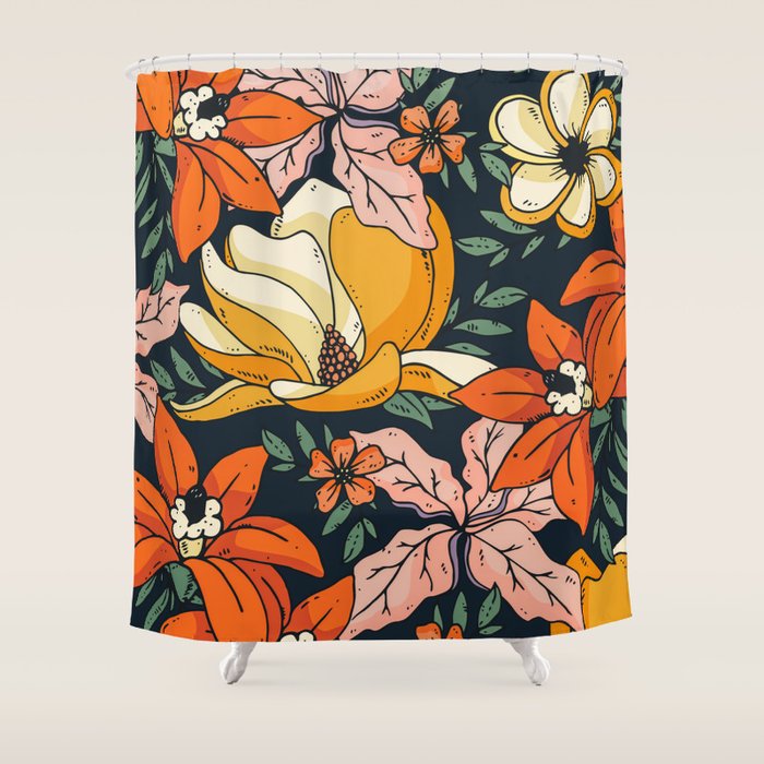 Night Forest, Colorful Dark Eclectic Floral Nature Botanical Jungle Floral Bohemian Illustration Shower Curtain Gallery Image 1