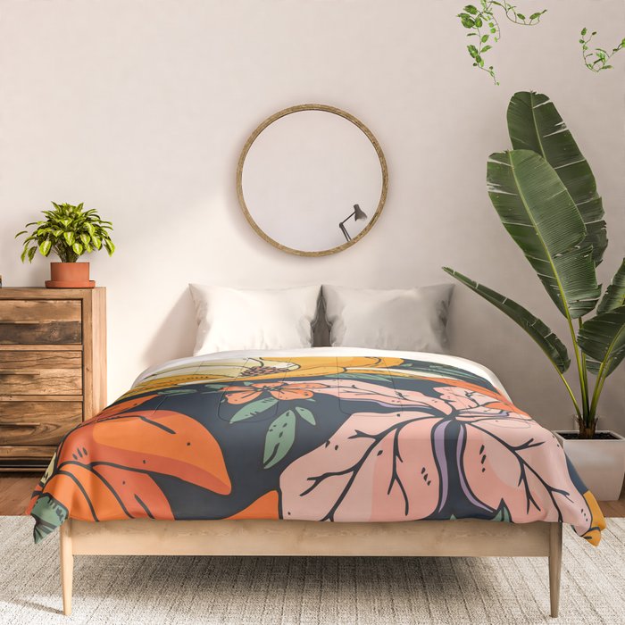 Night Forest, Colorful Dark Eclectic Floral Nature Botanical Jungle Floral Bohemian Illustration Comforter Gallery Image 3